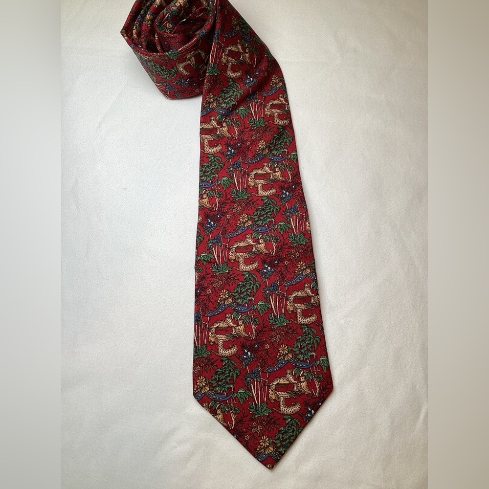Salvatore Ferragamo Red and Green Cheetah Jungle Print Silk Tie